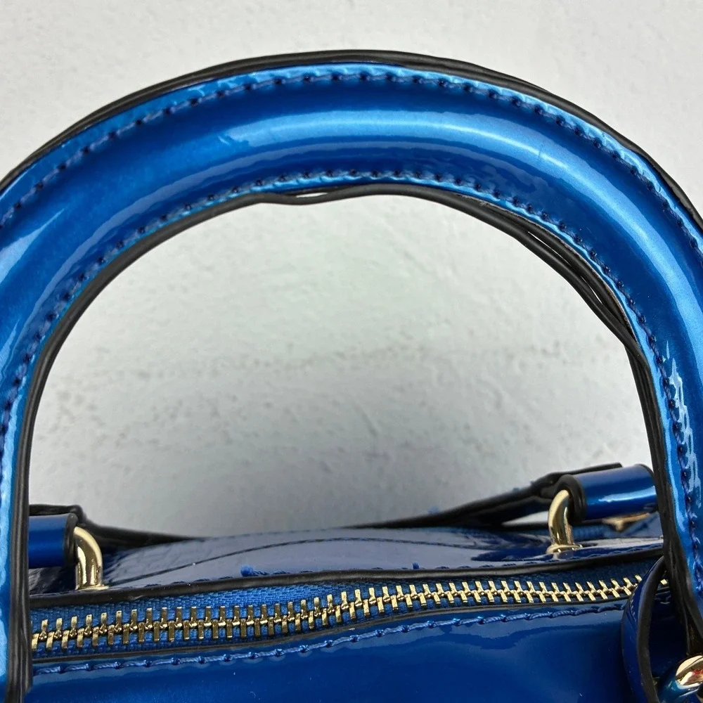 Blue Croc Embossed Patent Satchel Bag - Medium - Y2K Glam Maximalist Handbag